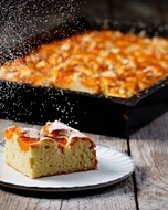 Piece of apricot cake on a plate, icing sugar drizzled on top