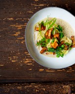 Organic food from above on a wooden table