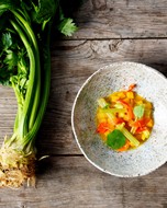 Organic vegetable dish and celery stalks from above