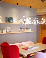 Large table, a few books on it, more books on the wall