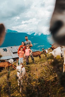 Family standing in a meadow surrounded by goats