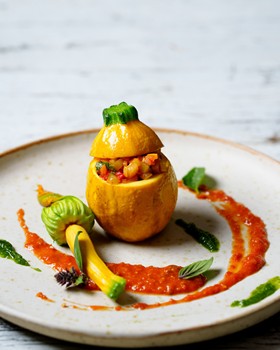 Stuffed yellow courgettes decorated with red sauce