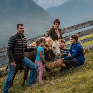 Family standing in a meadow with a cow