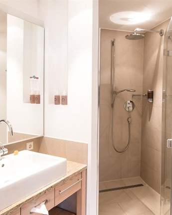 Washbasin, mirror and shower in the bathroom