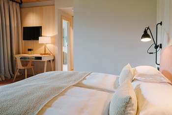 Double bed and desk in a hotel room