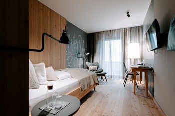 Hotel room with single bed, armchair and desk