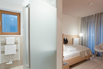 Hotel room with a view of the sleeping area and bathroom