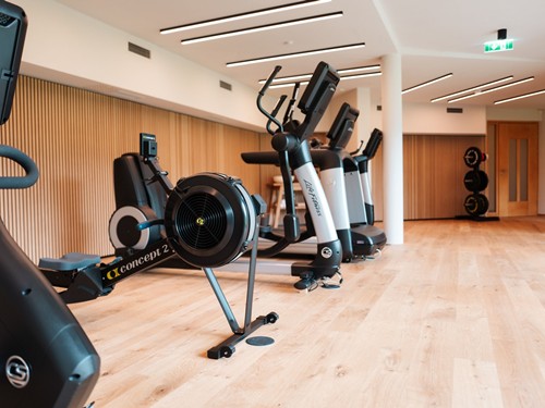 Fitness room with cardio equipment.