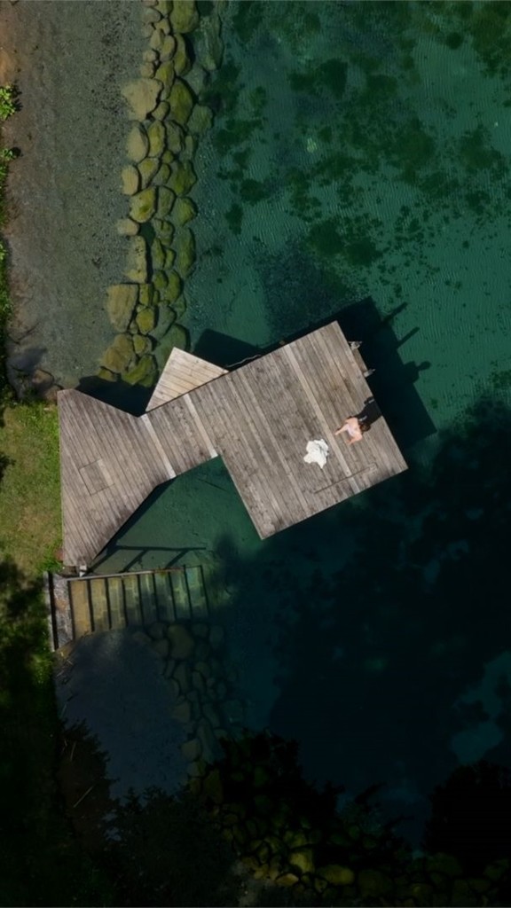 Ein Teich an einer großen, sonnigen Waldlichtung Wiese und ein Steg der ins Wasser führt von oben