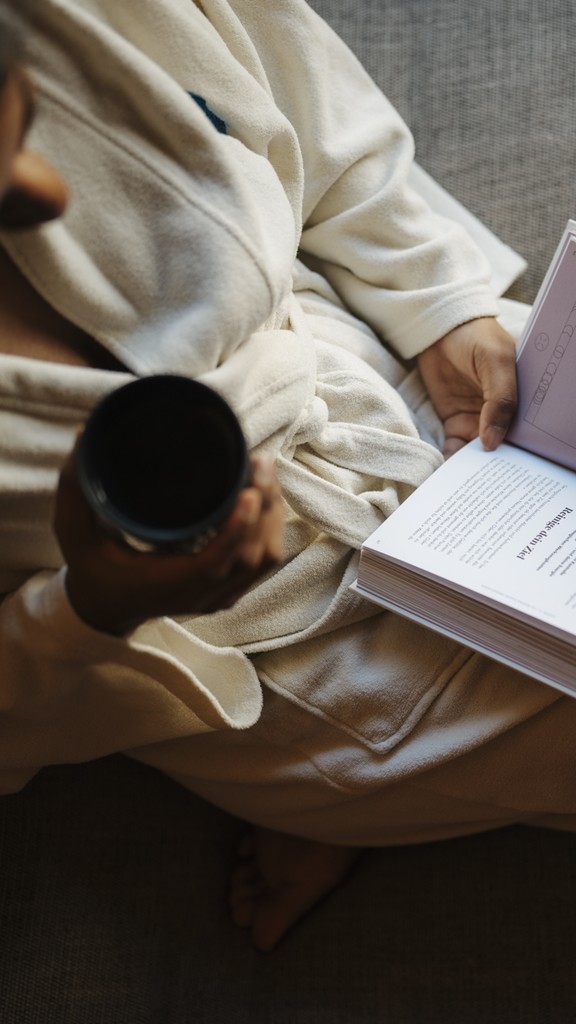 Frau im Bademantel liest ein Buch und hält eine Tasse