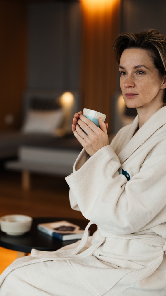 Woman in a bathrobe holds a teacup and looks into the distance