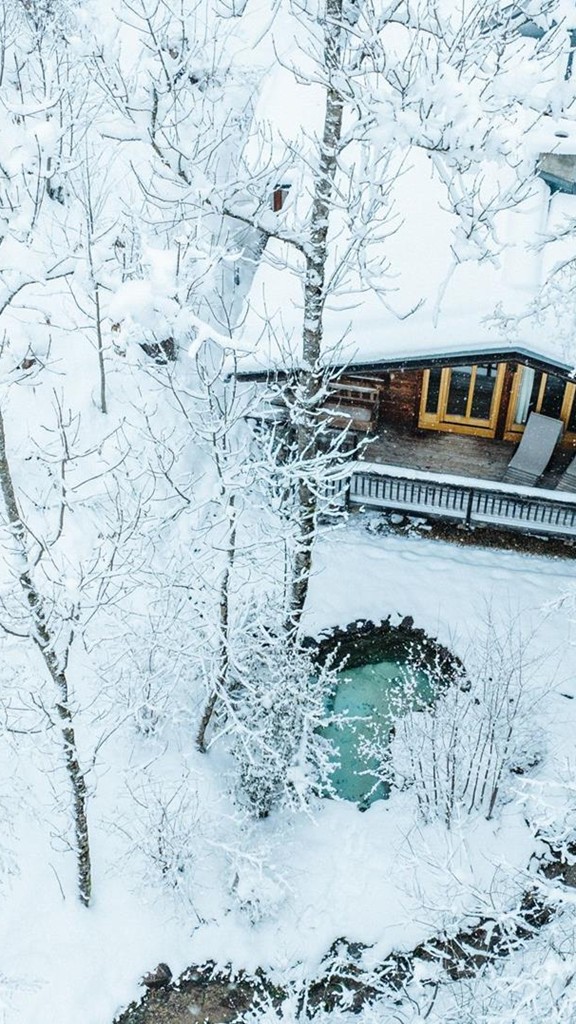 Wooden hut in the snowy forest