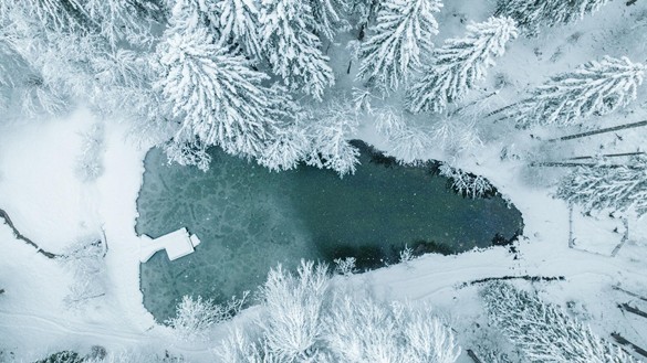 Pond in a snow-covered forest from above